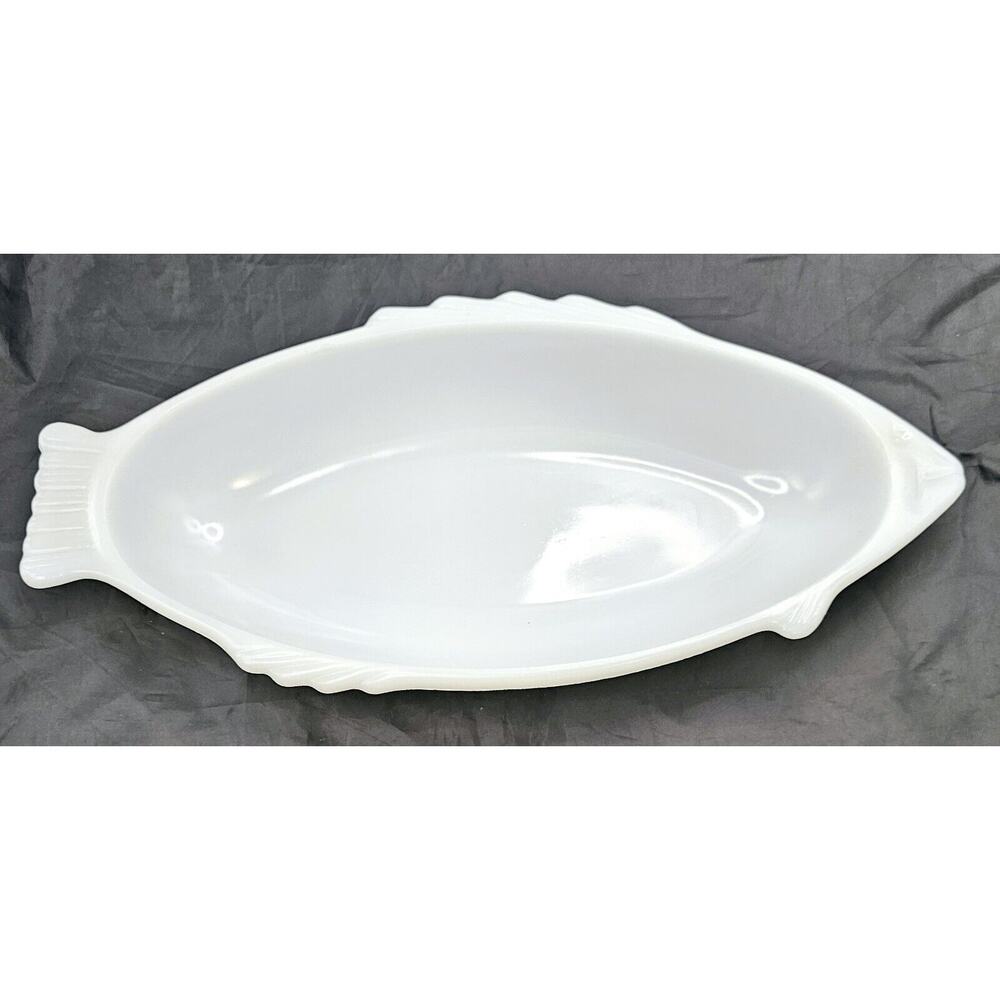 Vintage Midcentury Glassbake Milk Glass White Fish #J141 Serving Dish 18" USA